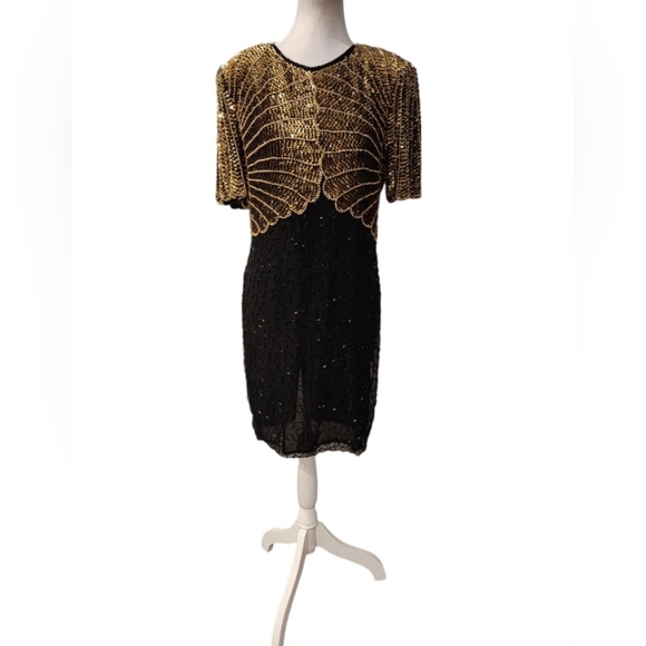 Gorgeous 90s Vintage Gold & Black Sequins & Beaded Dress with Open Back - Picture 3 of 6